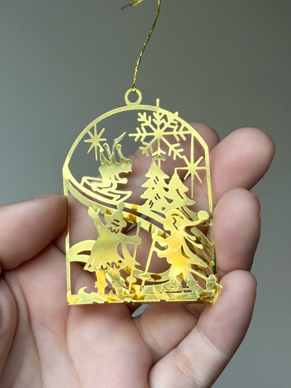 Faux Gold Winter Holiday Ski Hill Die Cut Vintage 90s Christmas Tree Ornament